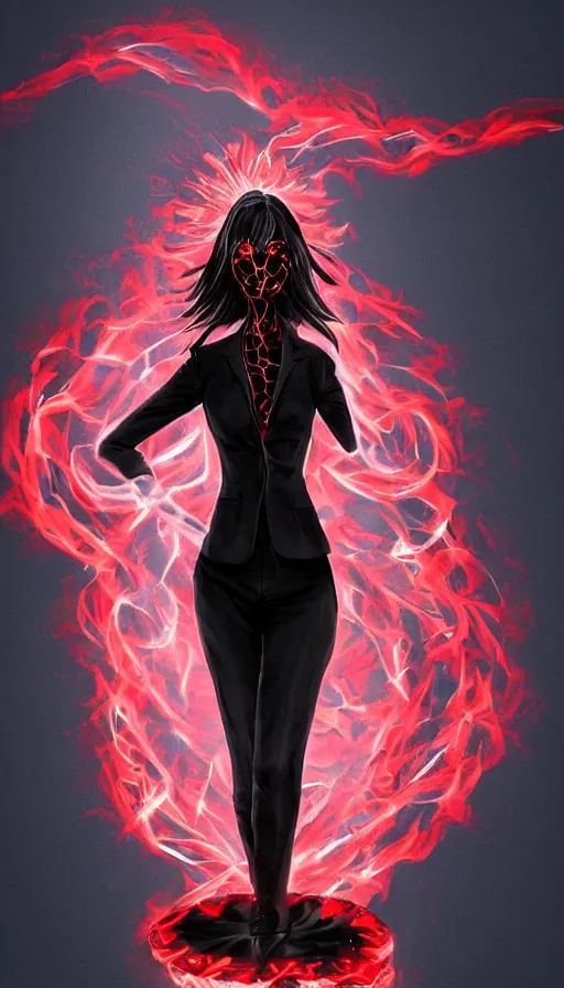 Prompt: Woman made of black flames, wearing a strict business suit, with no face, with glowing red eyes, with a red halo over her head, with red halo glowing out of her wrists, looking off to the side, growing out of a giant rose, rose petals flying in the wind, fantasy, tragic, tense, digital painting, artstation, indieground, concept art, sharp focus, by Annie Swynnerton and Nicholas Roerich, madness combat, strong dramatic cinematic lighting , blood red sky, grey skin, smooth, sharp focus, extremely detailed, illustration, Godmachine, alphonse mucha''