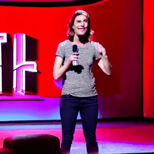 Image similar to film still of netflix comedy special. 3 2 - year - old, female short height, good - looking, standup comedian, skateboarder style, pale complexion, jewish and italian descent, fit, on stage, laughing, telling jokes