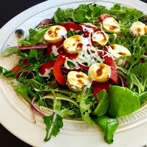 Prompt: a giant salad that is the size of a building, with mozzarella and a lot of sauce, small people around, culinary art photography, award winning photography