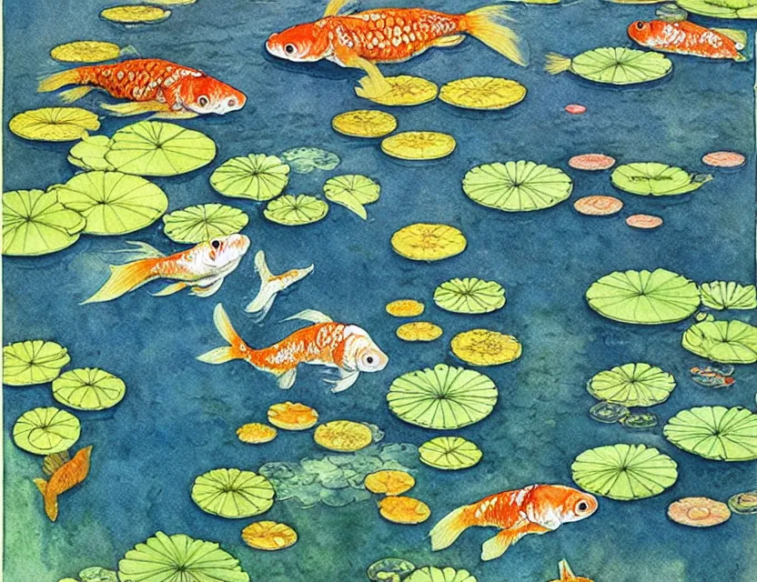 Prompt: goldfish in a pond full of lily pads seen from above, watercolor art by walter crane and kay nielsen, watercolor art