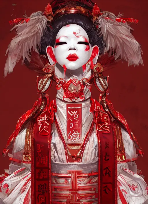 Image similar to albino maiko in a ornated armor war paint, fluent composition, red and white neon, concept art, ambient light, 4 k, intricate details, highly professionally detailed, cgsociety, highly detailed -