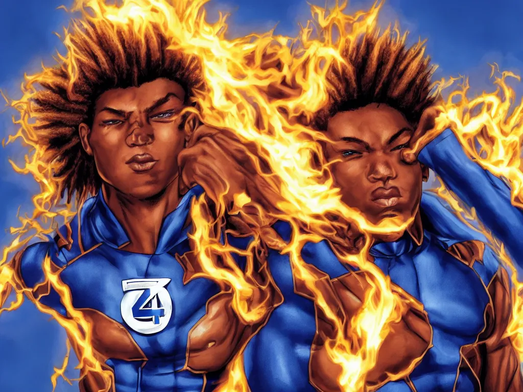 Prompt: African American Johnny Storm young male superhero of the fantastic four with flaming brown dreadlocks hair, blue uniform with the number 4 on the chest in a round logo, cinematic, high detail, no imperfections, extreme realism, high detail, extremely symmetric facial features, hyper realistic, dramatic lighting, unreal engine, by Stephen Spielberg