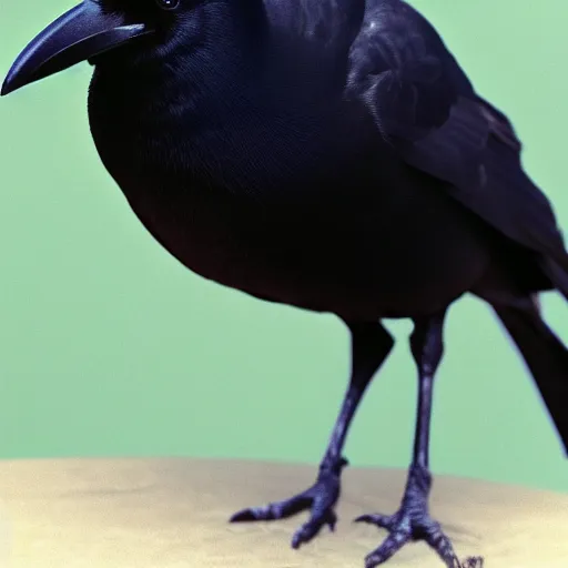 Image similar to close up of a obese crow with a round body short legs and large black beak, high resolution film still, film by Jon Favreau