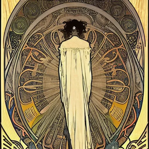 Prompt: mysterious figure, Alphonse Mucha, james jean