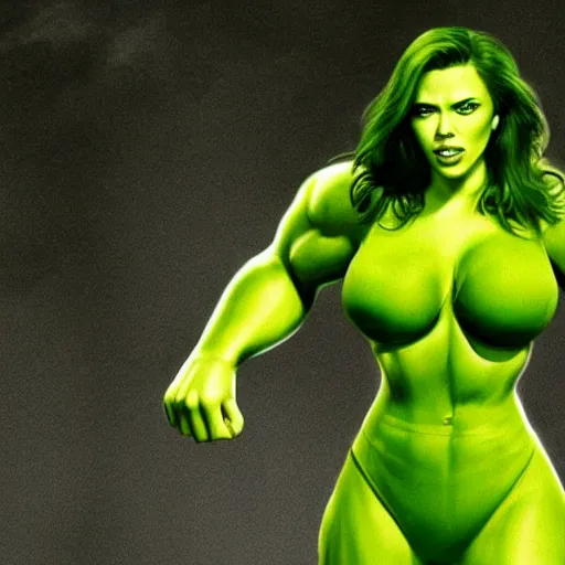 Image similar to scarlett johansson as green skinned hulk, she - hulk, green skin, muscular, bodybuilding woman, wheyfu, movie still