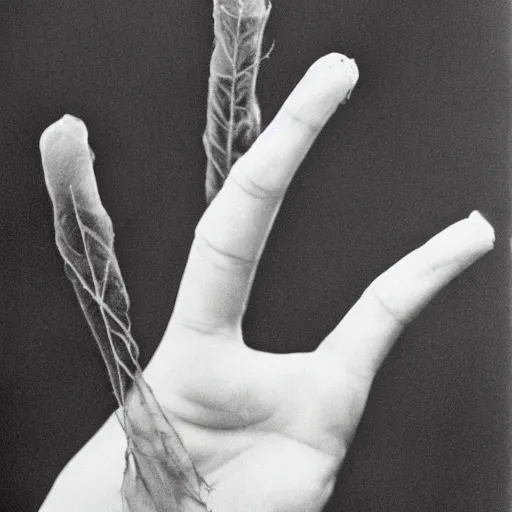 Prompt: A hand with too many fingers holding a plastic flower, grainy old photo from 1970, n -9