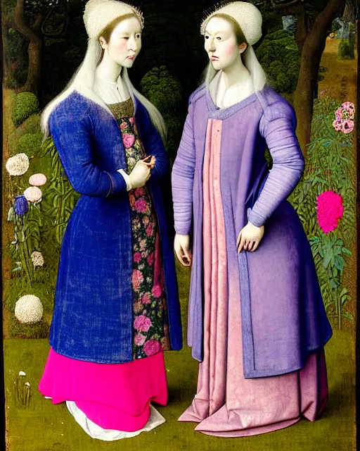 Image similar to portrait of two women with blue pink long hair wearing a blue jacket and baggy jeans, standing in a big garden full of plants and flowers, intricate details, high detail, in the style of rogier van der weyden and jacopo da pontormo, punk, asian art,