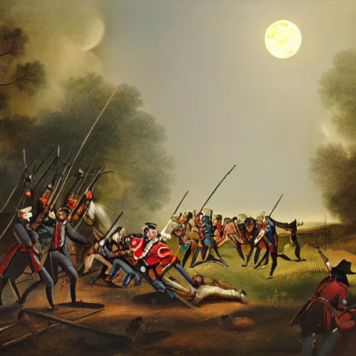 Image similar to painting of 18th century battle between British redcoats fighting werewolves in village streets, midnight, full moon, gothic, oil painting, night, colors,