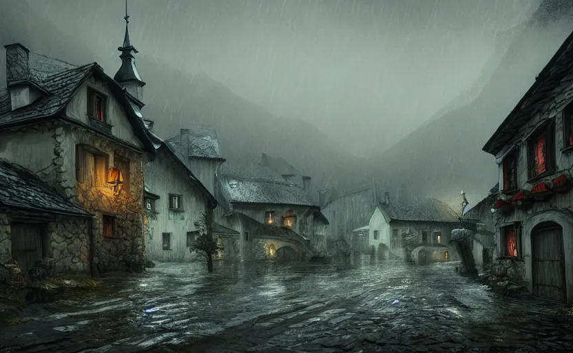 Image similar to extreme long shot concept art depicted rainy old austrian village, high details, dramatic mood, deep environment, art by legends of runeterra and tomasz jedruszek, trending on artstation, unreal engine, 8 k, 4 k