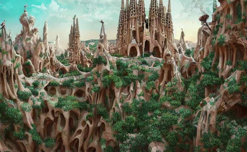 Prompt: a film all of a heavenly city with lush walkways, beautiful bioarchitecture design by kedem pitsou, m. c. escher, gaudi sagrada familia, and bisti badlands, emerald gold and beksinski, highly detailed, bokeh, beautiful, artstation