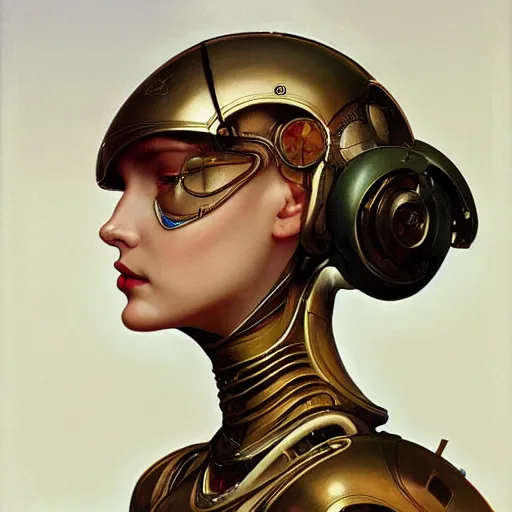 Image similar to portrait of a beautiful female android, coy, circuitry visible in head, in the style of ex machina, karol bak, alphonse mucha, greg rutkowski, award winning, hr giger, artstation