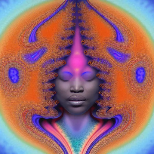 Prompt: african fractals, adinkra symbols, cosmic afro goddess, by alex grey and Agostino Arrivabene, mandelbulber3d, 8k resolution, ambient oclusion