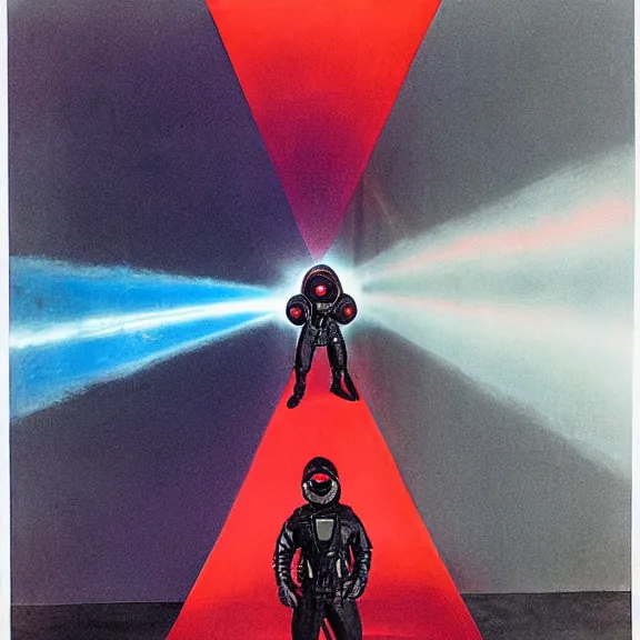 Image similar to two time pilots wearing flight masks and red rick owens flight suits inside the glowing geometric rainbow portal to the sixth dimension by frank frazetta