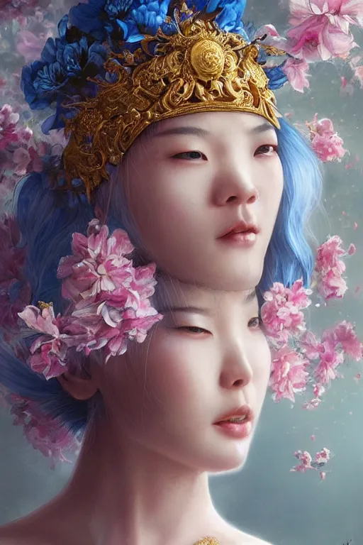 Image similar to a pale Chinese girl with white hair, floral crown, sad blue eyes, cinematic lighting, ultra detailed, highly detailed, sharp focus, golden background with flowers, golden jewellery with blue sapphires, photographic, art by artgerm and greg rutkowski and zdislav beksinski