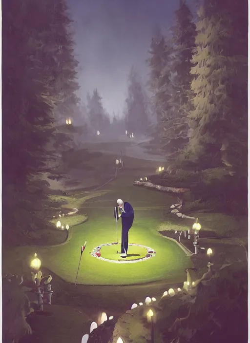 Image similar to symmetry!! joe biden playing mini golf with the souls of the american people, scenery, evil, sinister, beautiful, perfect composition, perfect lighting, artstation, artgerm, derek zabrocki, greg rutkowski, 4 k