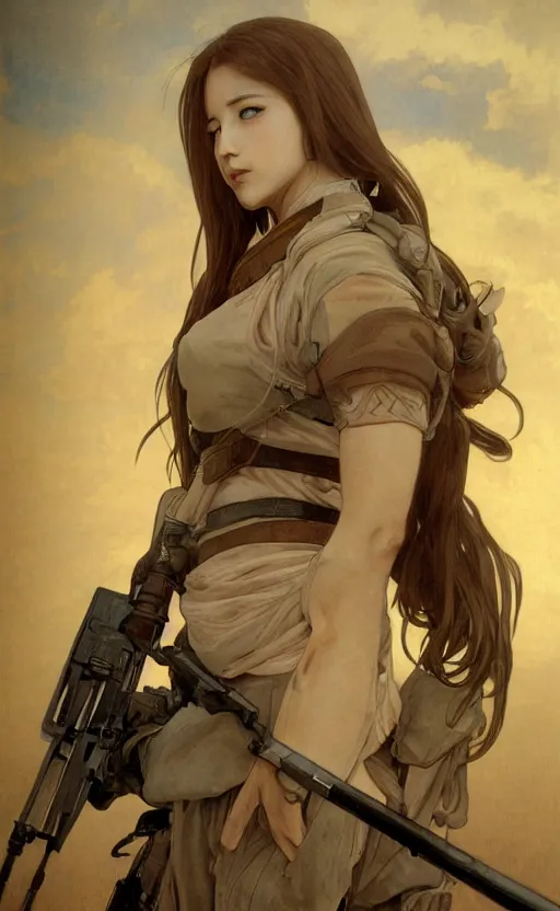 Prompt: portrait of a female soldier, in smoke and dirt, trading card front, anime style, hair down, symmetrical facial features, symmetrical body features, hyper realistic, pale skin, 4k, rule of thirds, extreme detail, detailed drawing, trending artstation, hd, fantasy, D&D, realistic lighting, by Alphonse Mucha, Greg Rutkowski, sharp focus, backlit, military carrier plates