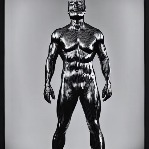 Image similar to full body portrait of the silver surfer, in style of robert mapplethorpe, 3 5 mm,