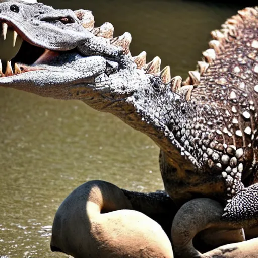 Prompt: Crocodile morphed with an ostrich, hybrid animal, picture taken in zoo, high quality