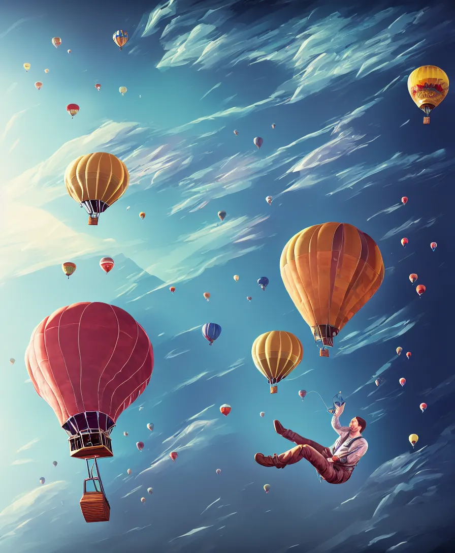 Image similar to highly detailed portrait of a man flying in hot air balloon in the space, in the style of greg rutsowski, wide angle shot, hyper realistic, concept art, 8 k detail post - processing