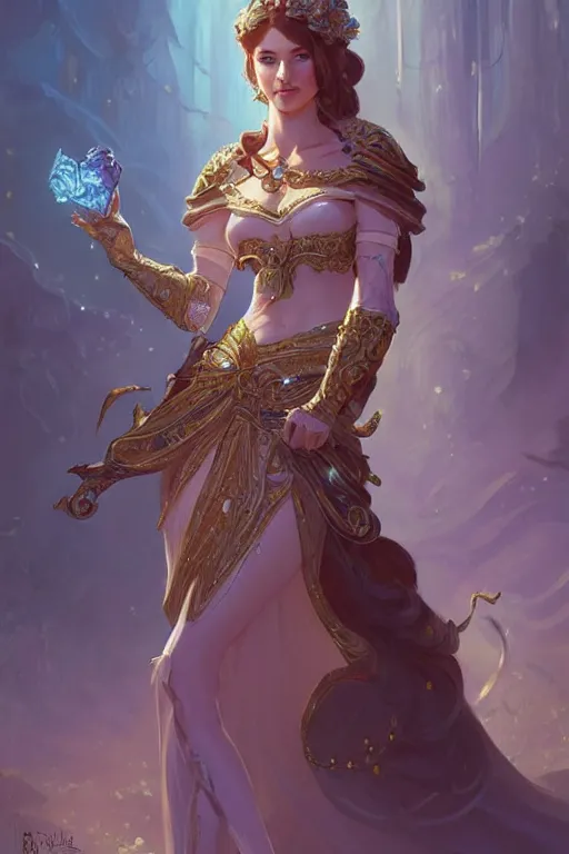 Prompt: Beautiful female princess, Full body shot, D&D, fantasy, intricate, elegant, highly detailed, digital painting, artstation, concept art, matte, sharp focus, illustration, hearthstone, art by Artgerm and Greg Rutkowski and Alphonse Mucha