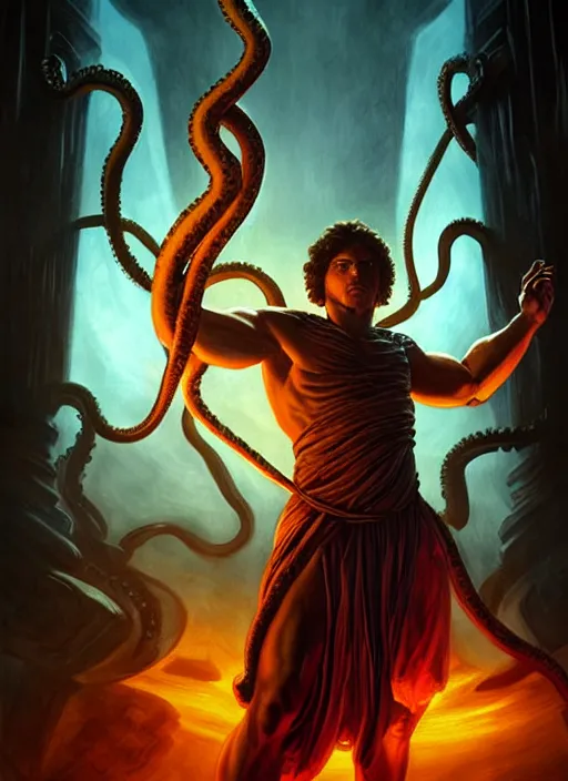 Prompt: modern movie poster with a young strong ancient greek man with lovecraftian tentacles made of glowing energy in the background, dungeons and dragons artwork, award winning art, cinematic light, dynamic composition, highly detailed, dramatic lighting, digital painting, concept art, masterpiece, realistic anatomy, by leonardo da vinci, raphael, artgerm, greg rutkowski, vibrant colors