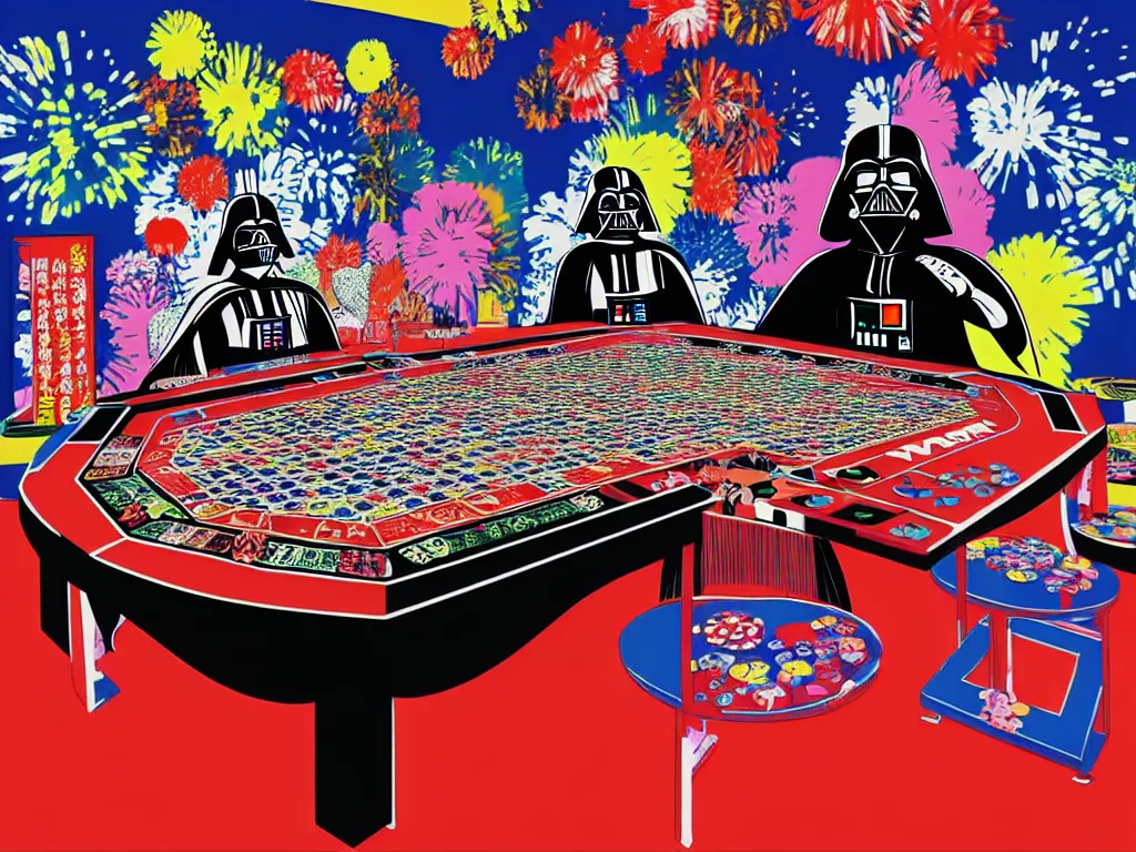 Image similar to hyper - realistic composition of a large room with an extremely detailed poker table in the center, woman in traditional japanese kimono standing nearby, darth vader sitting at the table, fireworks in the background, pop art style, jackie tsai style, andy warhol style, acrylic on canvas, dull palette