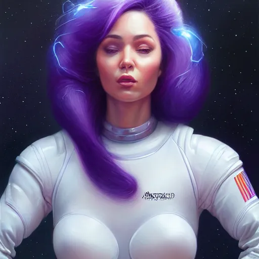 Prompt: a portrait of a very beautiful woman in a spacesuit, Alexandria\'s genesis, chin-length purple hair, bored, illustration, soft lighting, soft details, painting oil on canvas by mark arian by artgerm, trending on artstation, 4k, 8k, HD