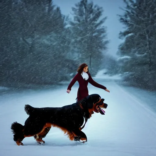 Image similar to girl riding giant Bernese Mountain Dog in the snow, trending on artstation