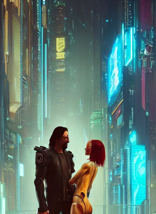 Image similar to a cyberpunk 2077 couple portrait of Keanu Reeves&female android in kiss,love,film lighting,by Laurie Greasley,Lawrence Alma-Tadema,Dan Mumford,artstation,deviantart,FAN ART,full of color,Digital painting,face enhance,highly detailed,8K,octane,golden ratio,cinematic lighting