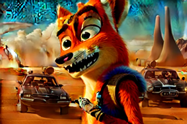 Image similar to nick wilde ( from zootopia ), heavily armed and armored facing down armageddon in a dark and gritty reboot from the makers of mad max : fury road