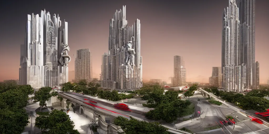 Prompt: 3d rendering of beautiful nature meets neoclassical and ultra modern architecture concept of a tall skyscraper, volumetric lighting, luxury, high detail, 14mm, mix of red and white marbles and granite structures, some marble statues can be seen, cinematic photography, cg architects, high resolution