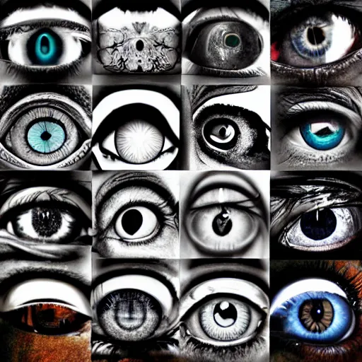 Image similar to collage, eyes, reflections, wall of eyes, hd photograph