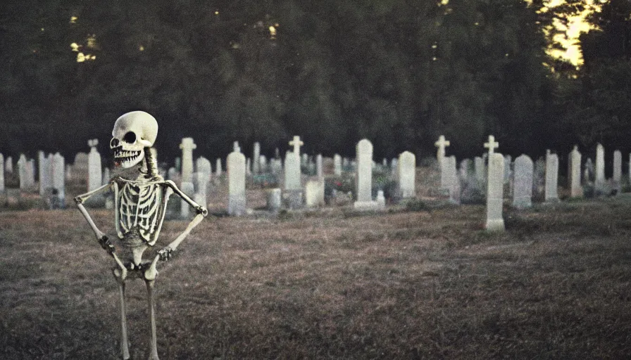 Prompt: 7 0 s film still from a horror movie about a skeleton dancing in a cemetery at night, kodachrome, cinecolor, cinestill, film grain, film texture, retro, cinematic, high resolution, photorealism,