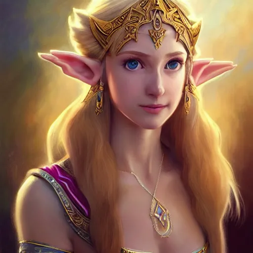 Image similar to portrait of princess zelda from hyrule, nose ring, upper body, blonde hair, long hair, joyful smirk, intricate, elegant, highly detailed, digital painting, artstation, concept art, matte, sharp focus, illustration, art by artgerm and greg rutkowski and alphonse mucha