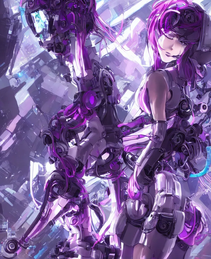 Image similar to A beautiful painting of a cyberpunk anime girl with purple hair and an a huge robot arm sensual stare, augmentations and cybernetic enhancements neon circuits, by Stanley Artgerm Lau, WLOP, Rossdraws, James Jean, Andrei Riabovitchev, Marc Simonetti, and Sakimichan, trending on artstation, hyperrealist, cinema4D, 8k highly detailed ❤️‍🔥 🔥 💀 🤖 🚀