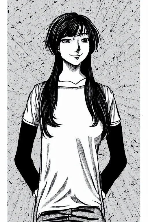 Image similar to portrait of a girl in long pants and a top, hands in pockets, eyes closed, bob haircut, digital art, black and white, lineart by junji ito