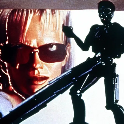 Prompt: the final scene from the terminator 2 movie but replaced with female terminators.