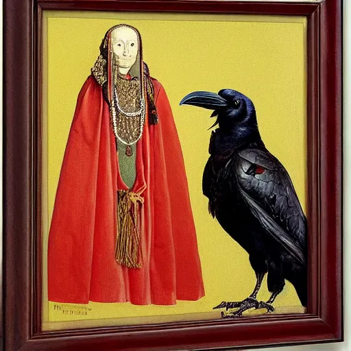 Prompt: a highly detailed painting of a raven dressed in an elegant embroidered vest, using a golden tudor necklace, in a room with thick red tapestries, by hans holbein