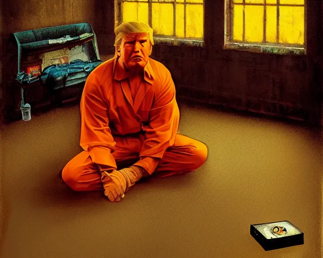 Prompt: a portrait of Donald trump sitting on the floor of a filthy jail cell lit by spotlight, dimly lit, wearing a orange jumpsuit in jail by craig mullins and norman rockwell, octane, 35mm photo,