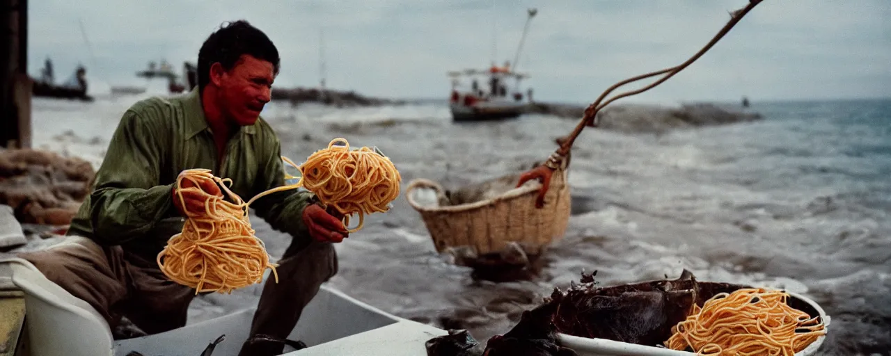 Image similar to fisherman pulling up a fresh catch of spaghetti from the ocean, canon 5 0 mm, cinematic lighting, photography, retro, film, kodachrome