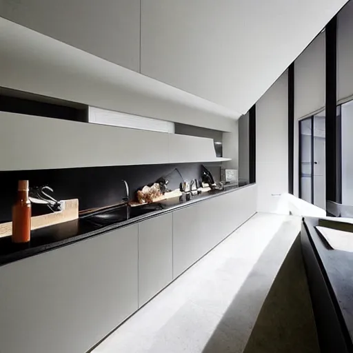 Prompt: “extravagant luxury modern kitchen, interior design, Japanese and Scandinavian and New Zealand influences, natural materials, by Tadao Ando and Koichi Takada”