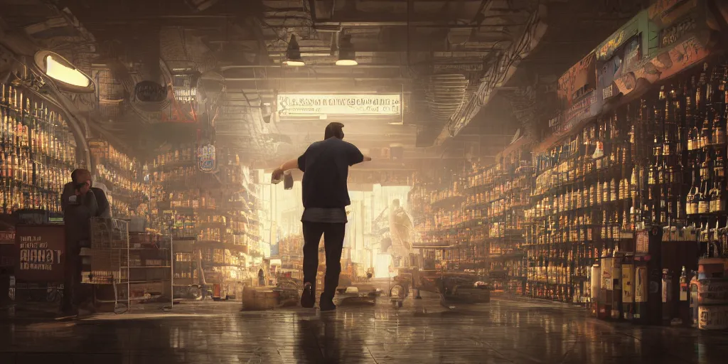 Prompt: a man shopping for beer and diapers, dim volumetric lighting, 8 k octane beautifully detailed render, post - processing, extremely hyper - detailed, intricate, epic composition, calendar says monday, cinematic lighting, masterpiece, trending on artstation, detailed detailed detailed, masterpiece, stunning art, wonderful masterpiece, beautiful cinematic light