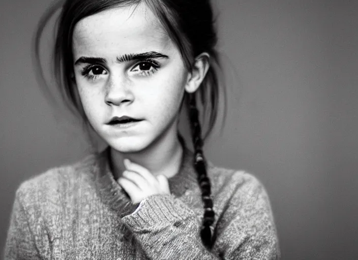 Image similar to professional fine detailed photo portrait of young emma watson from makhachkala, dagestan. kid emma watson in the postsoviet suburbia, iphone photo, instagram, black and white - - cfg _ scale 7