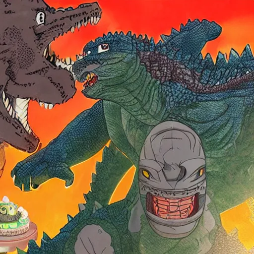 Prompt: a beautiful picture of godzilla birthday party by akira toriyama trending on artstation