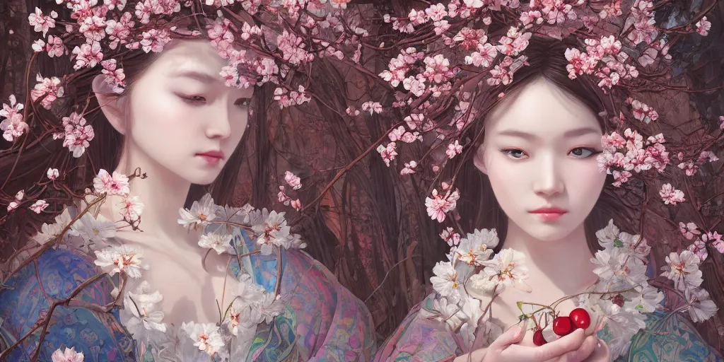 Image similar to breathtaking detailed concept art painting of the goddess of cherry blossom, orthodox saint, with anxious, piercing eyes, ornate background, amalgamation of leaves and flowers, by Hsiao-Ron Cheng, James jean, Miho Hirano, Hayao Miyazaki, extremely moody lighting, 8K