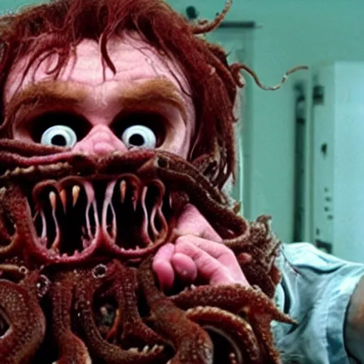 Image similar to bearded man with living teeth and tentacles in the style of the horror film The Thing 1982. Filmic.