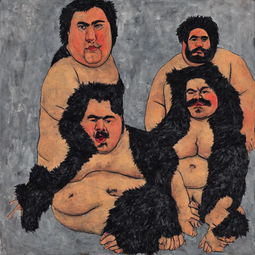 Prompt: portrait of a fat hairy wrestler with a dark furry jacket in the style of half frida kahlo half robert rauschenberg,