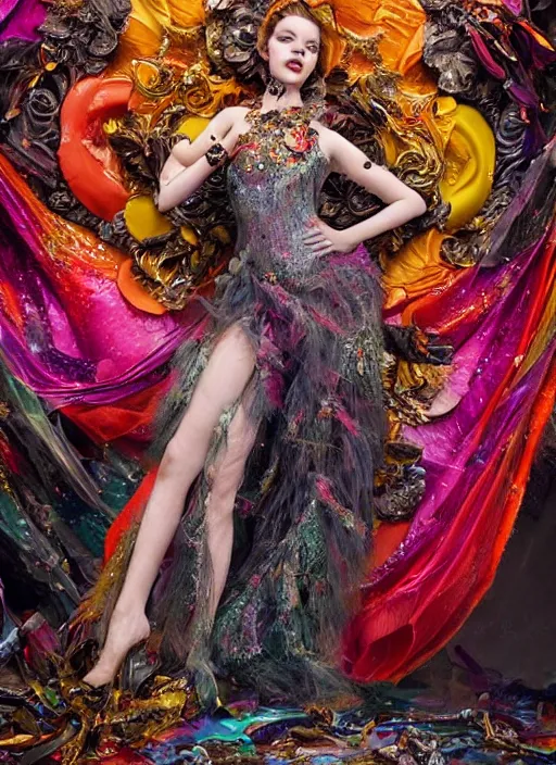 Image similar to expressive full body photo of anya taylor - joy, dress made of candies, glamour shot, by karol bak, stefan gesell, photorealistic, nikon d 4 x, fashion photography, hyper maximalist, elegant, ornate, luxury, elite, environmental portrait, symmetrical features, octane render, unreal engine, solid dark grey background, dramatic lights