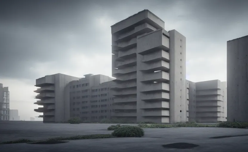 Image similar to brutalist architecture building, apartment complex, octane render, cgsociety, highly detailded, volumetric lightning