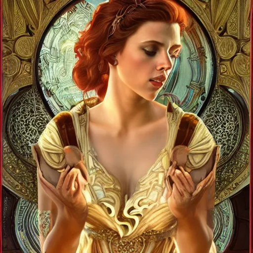 Image similar to Scarlett Johansson as a Greek Godess, cute, fantasy, intricate, elegant, highly detailed, centered, digital painting, artstation, concept art, smooth, sharp focus, illustration, art by artgerm and H R Giger and alphonse mucha